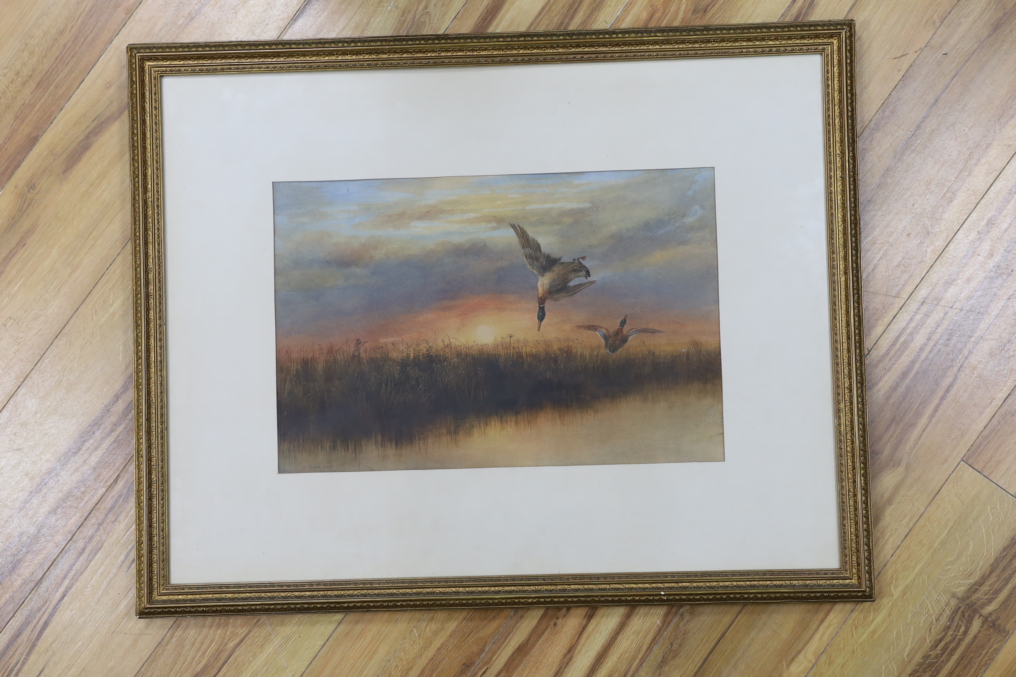 Andrew Nicoll (Irish, 1804-1886), watercolour, Ducks in flight over water, signed, 34 x 52cm